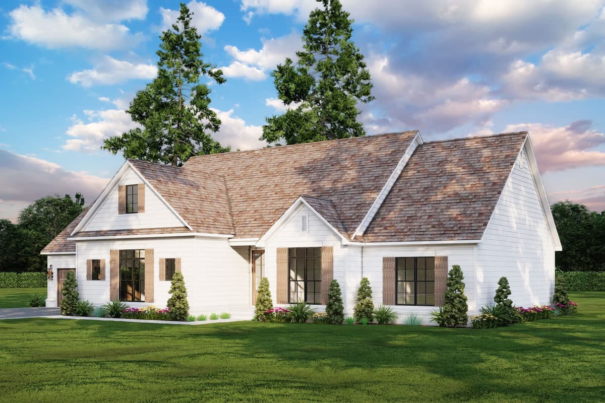 House plan exterior: single-story Modern Farmhouse with gabled roof, dormer, and attached garage.