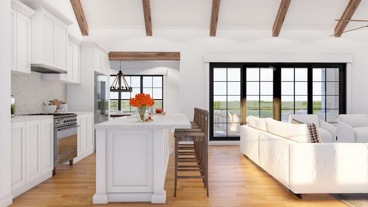 Modern house interior rendering: kitchen with island and great room with large windows and exposed beams.