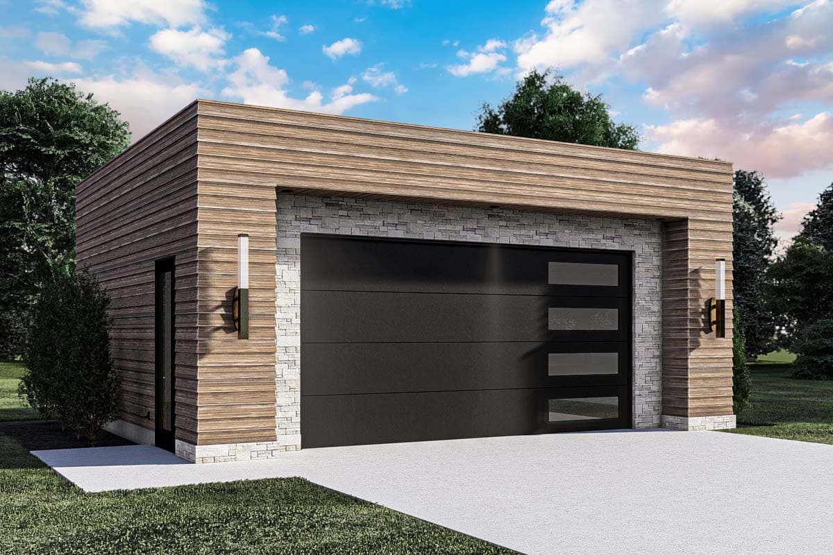 House plan exterior. Modern style garage with horizontal wood siding, stone facade accents, and a black garage door with rectangular glass inserts.