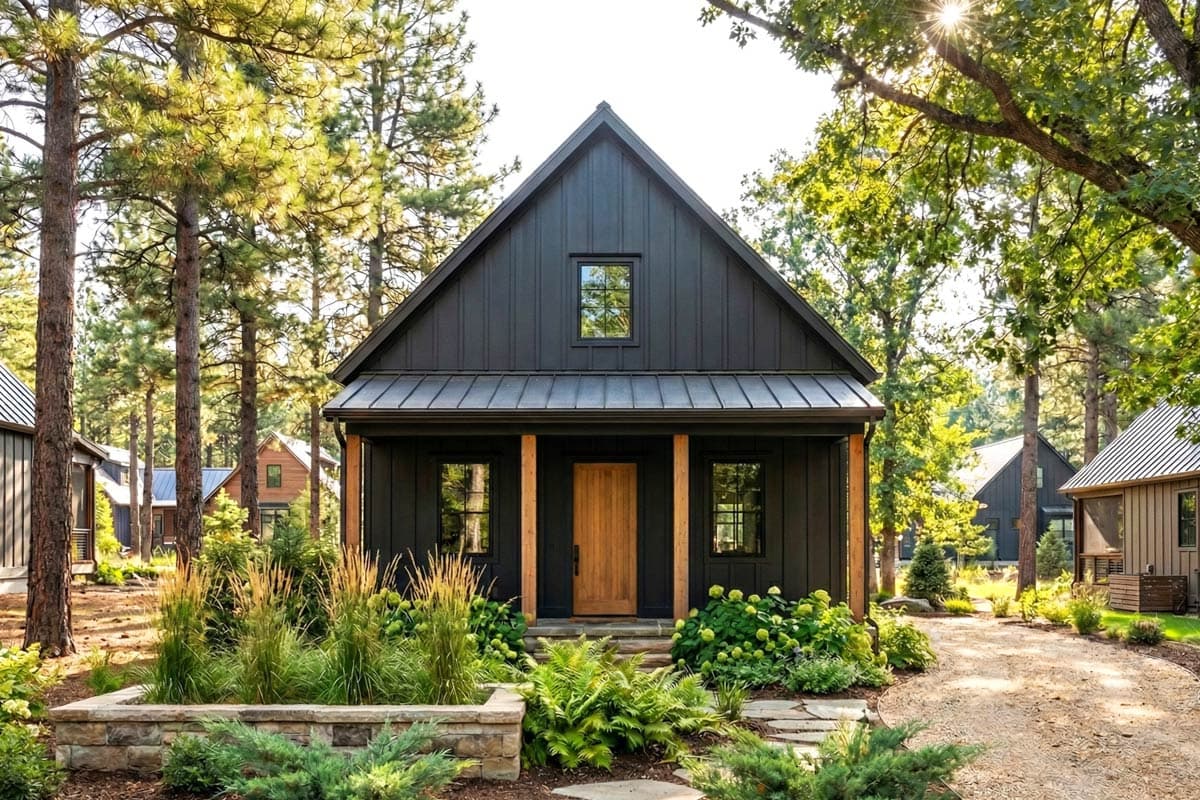 House plan exterior. One-story Modern Farmhouse with gabled roof, metal awning over porch, and wood-wrapped columns. Black board and batten siding.