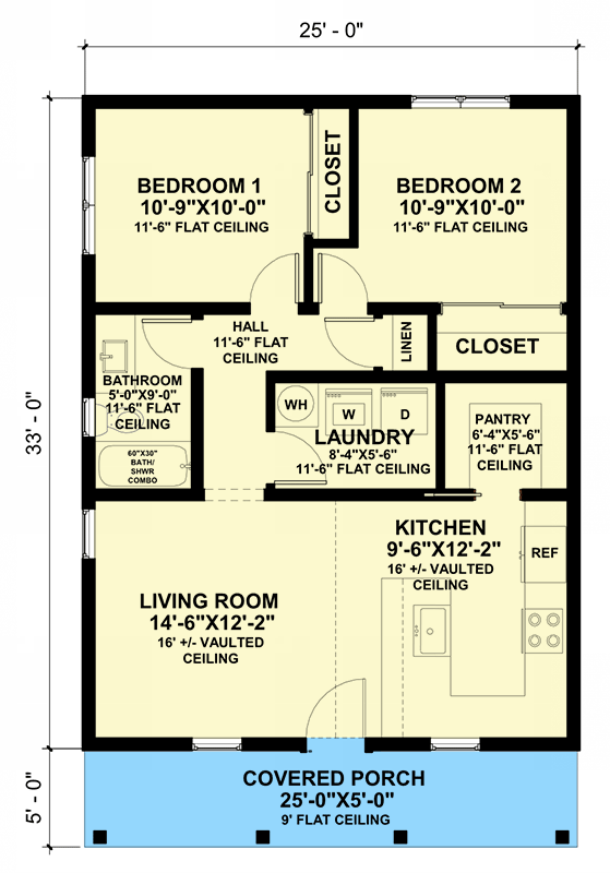 Plan 420138WNT: 2-Bed Country Cabin Home Plan with Vaulted Great Room - 825 Sq Ft - Floor Plan - Main Level - Cabin, Cottage, Country, New American, Vacation