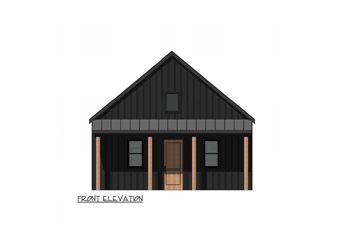 Front elevation of a house plan featuring vertical siding, a gable roof, a covered porch with wood posts, and two windows.