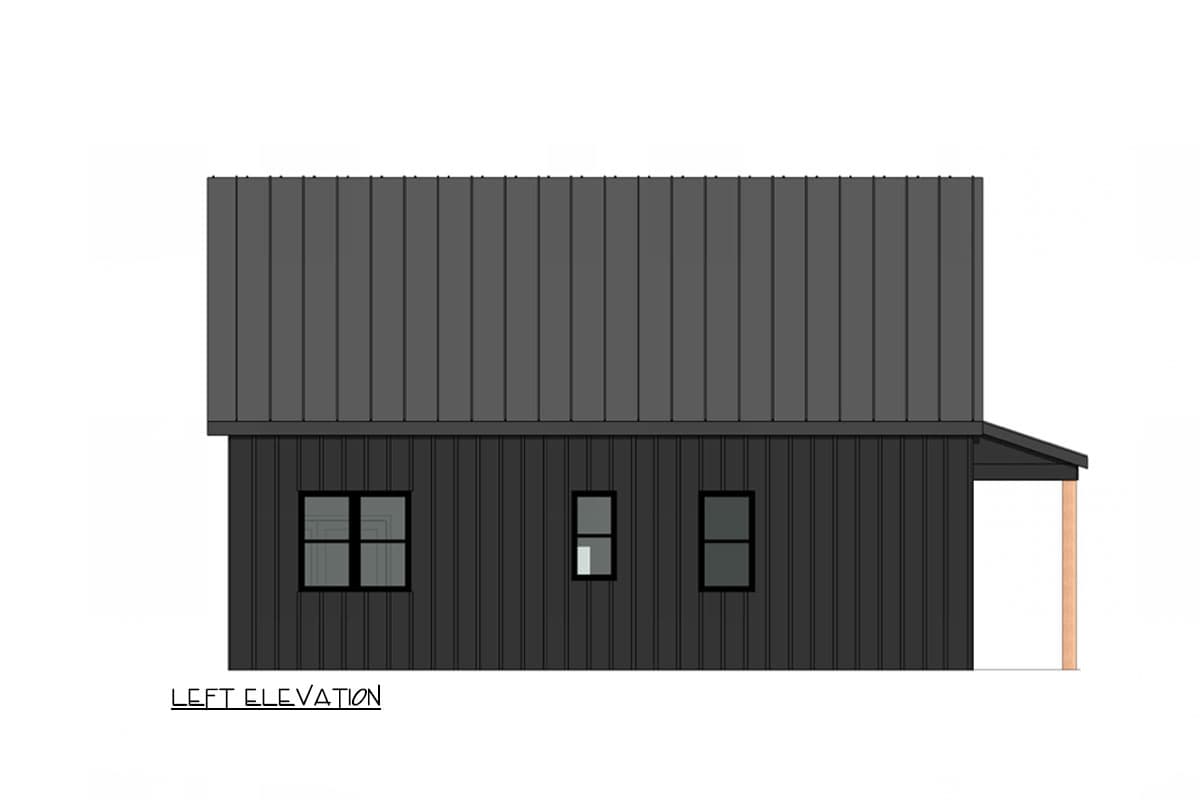 Left elevation drawing of a two-story house plan with a standing seam metal roof and vertical siding.