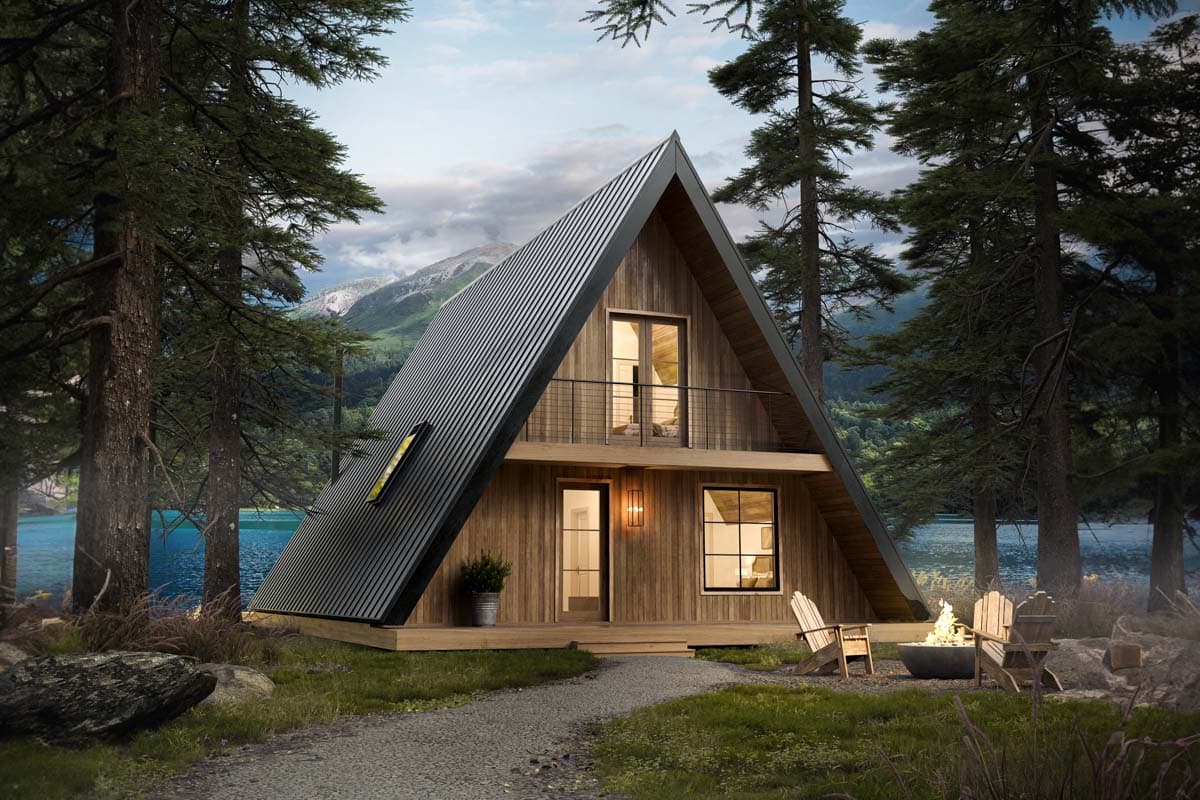 House plan exterior: Modern A-frame design with two stories, wood siding, metal roof, and a second-story balcony.