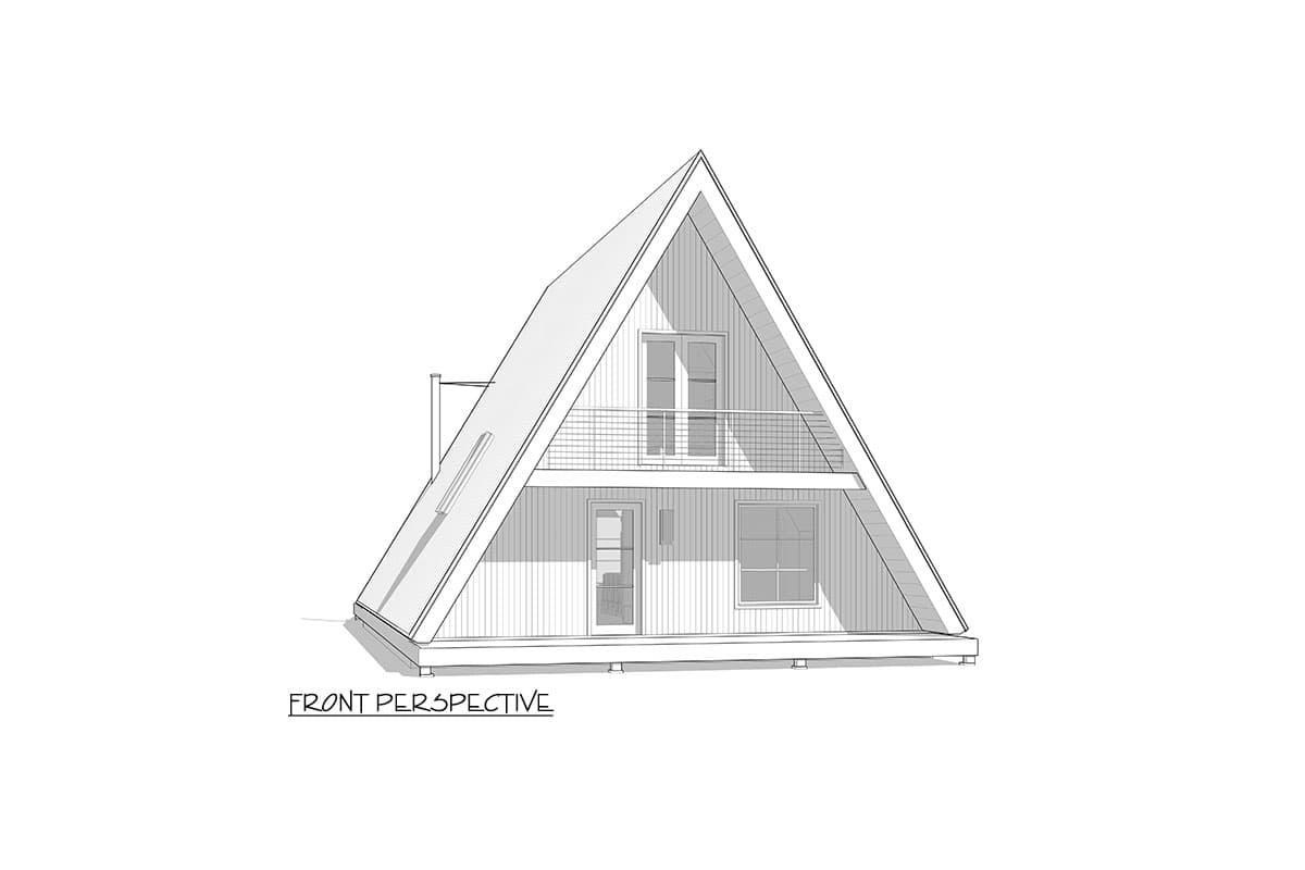 House plan exterior: A-frame style, two stories, with a small balcony, a covered porch, and large windows.