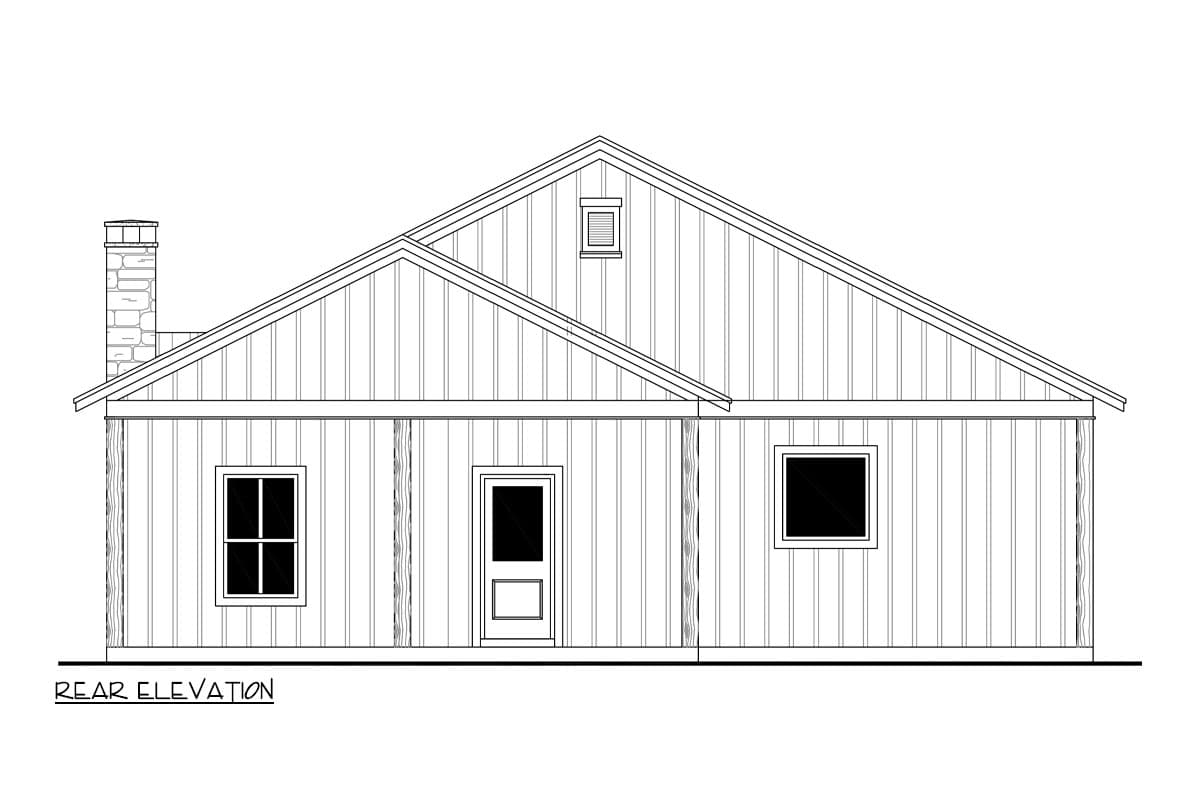 Rear elevation drawing of a single-story house with vertical siding, a gable roof, stone chimney, dormer, porch, and two windows.