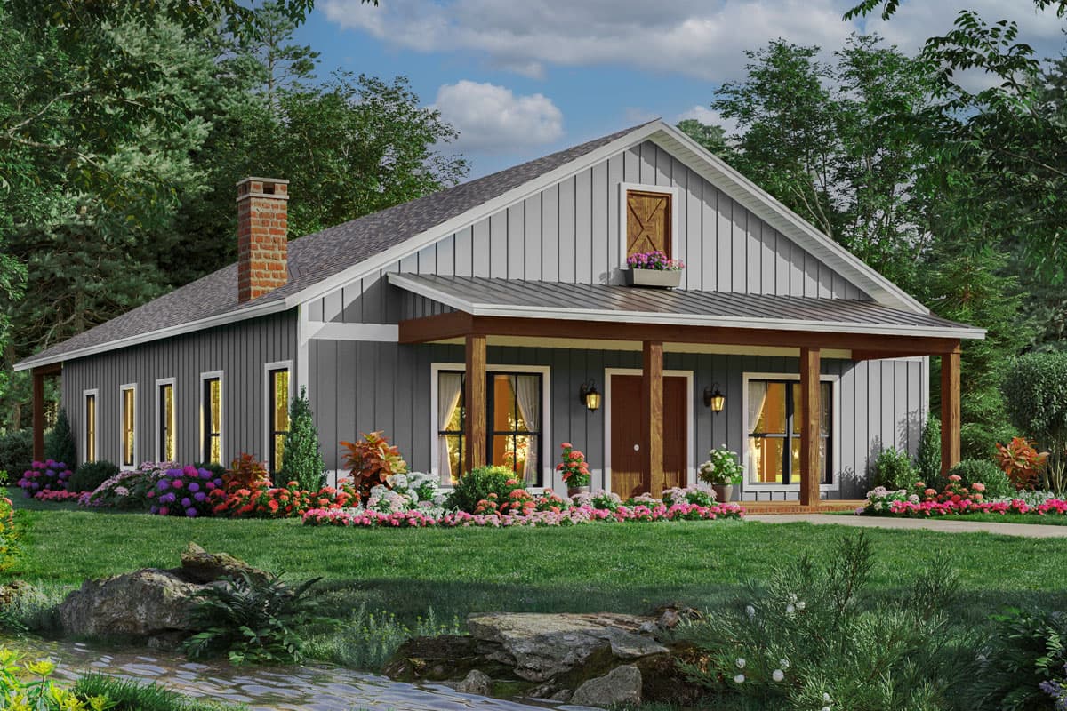 House plan exterior: One-story Modern Farmhouse with vertical siding, a covered front porch with wood columns, gable vents, and a brick chimney.