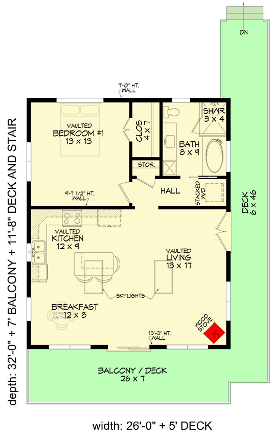 Plan 680297VR: Mountain House Plan with Wraparound Deck on a Sloping-Lot - 832 Sq Ft - Floor Plan - Main Level - Contemporary, Modern, Mountain