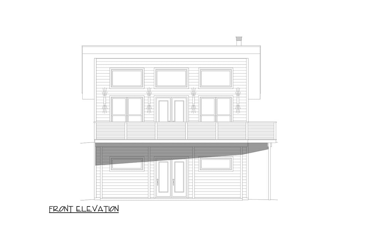 Front elevation drawing of a two-story house with horizontal siding, a balcony, and multiple windows.