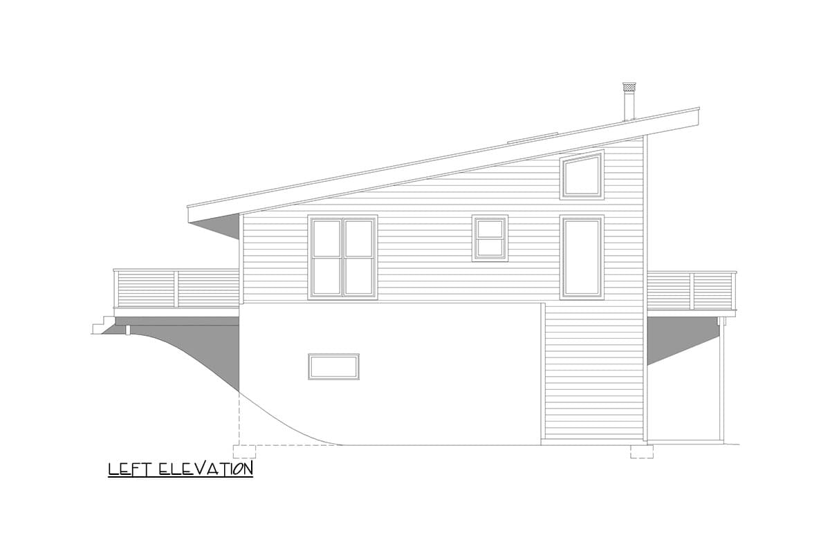 Left elevation house plan with shed roof, multiple windows, and a deck.