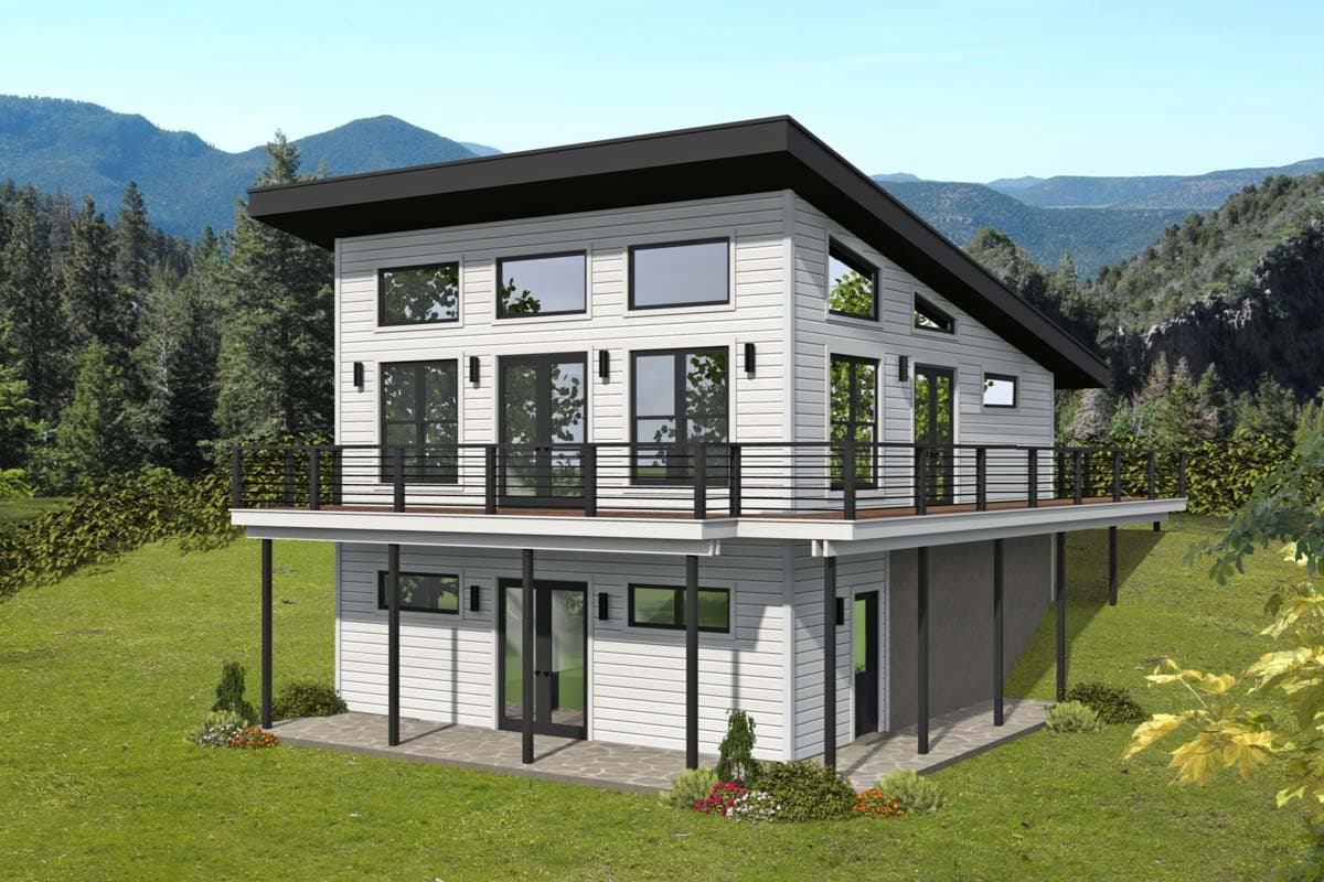 House plan exterior. Two-story modern style with flat roof and horizontal siding. Features include a deck, large windows, and a raised foundation.