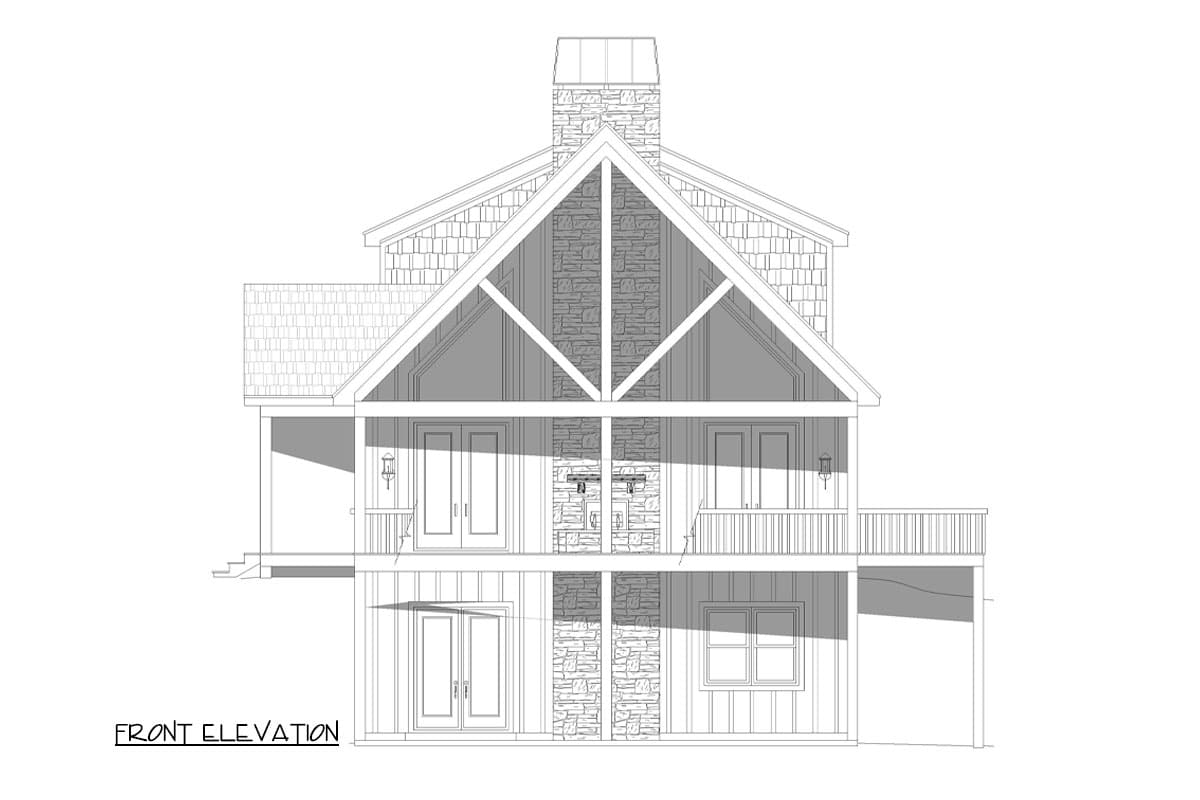 Front elevation drawing of a house plan with a prominent gable, stone chimney, and multiple balconies.