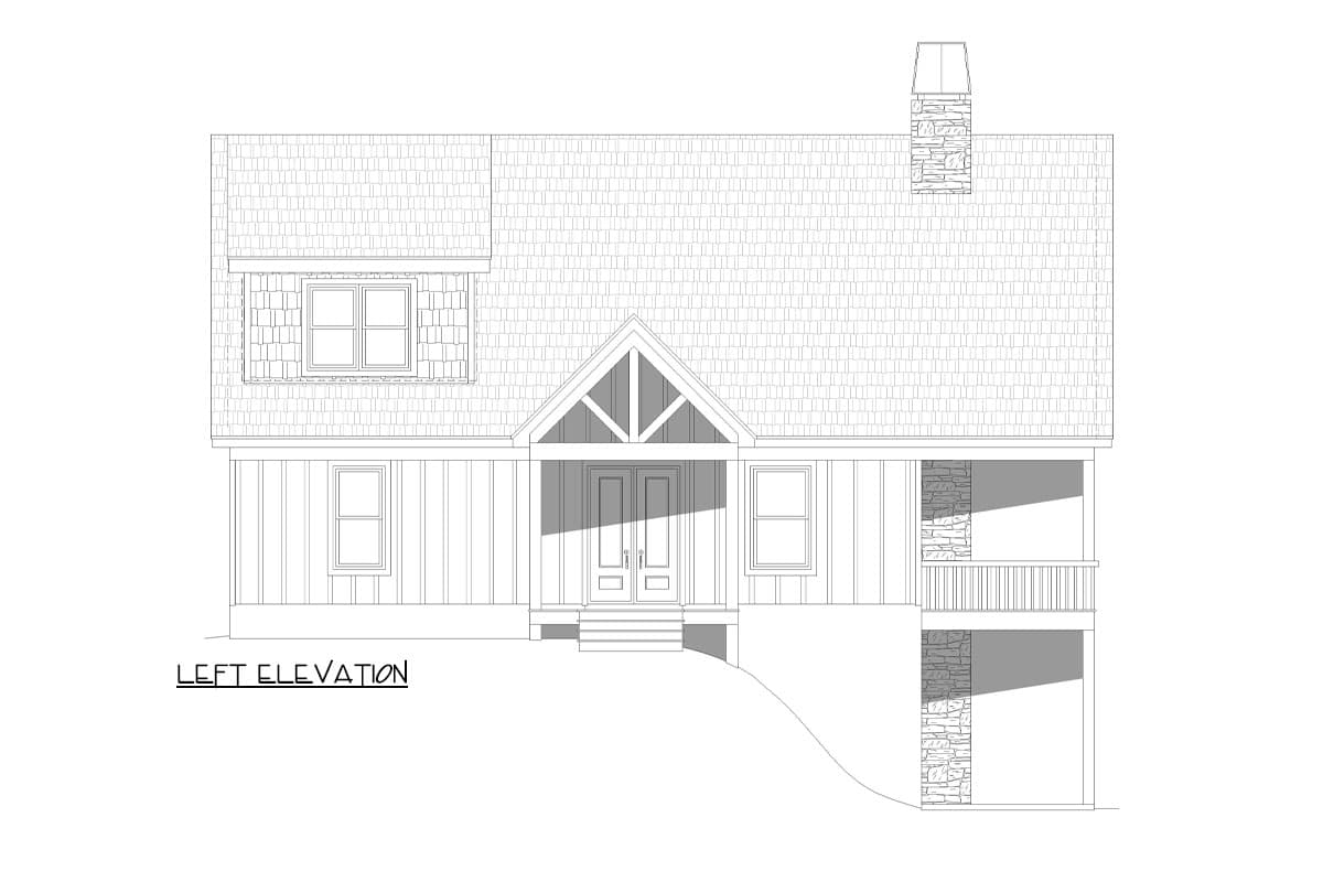 Left elevation house plan showing a dormer, gable, stone chimney, and covered porch.