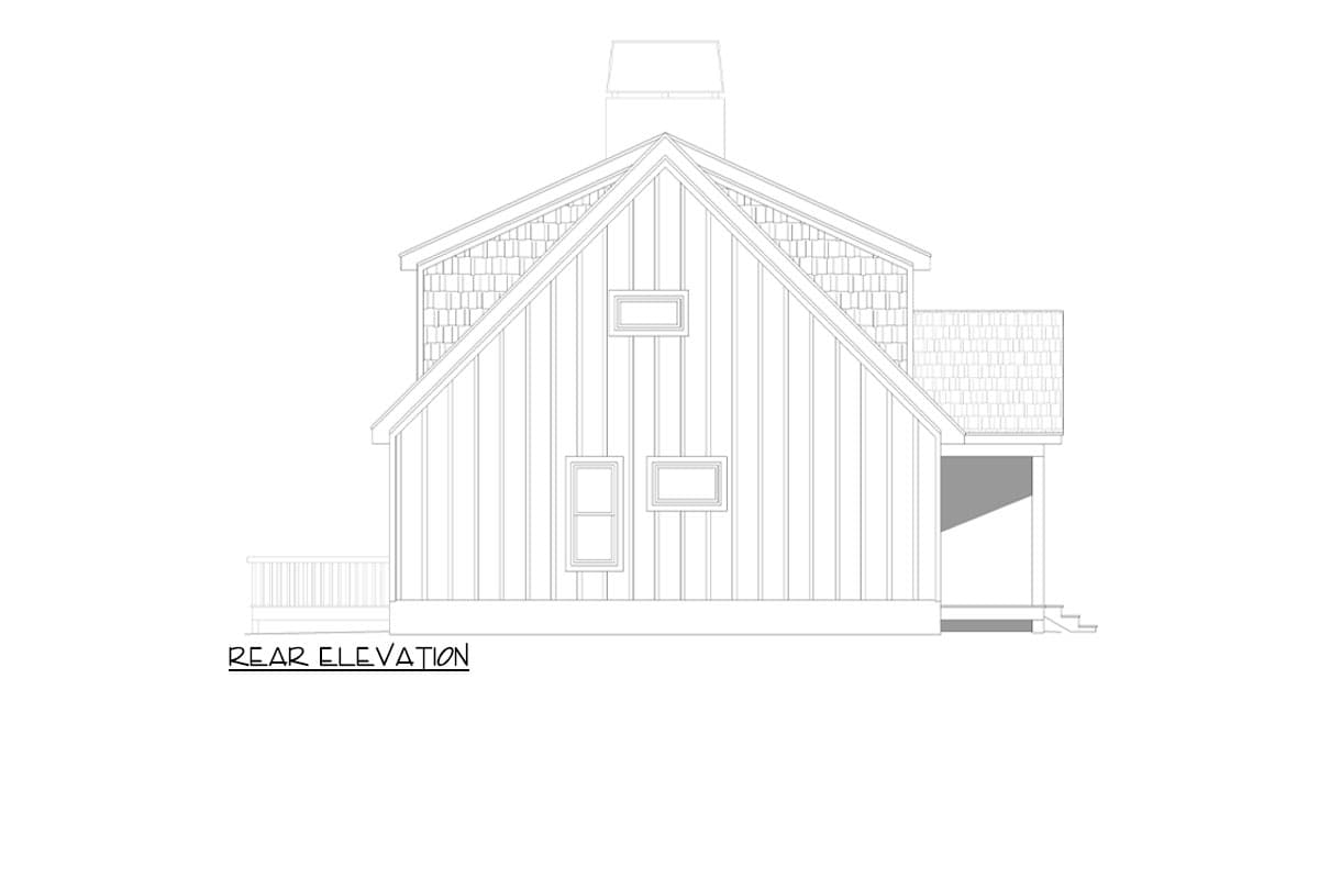 Rear elevation house plan with vertical siding, gabled roof, dormer, and covered porch.