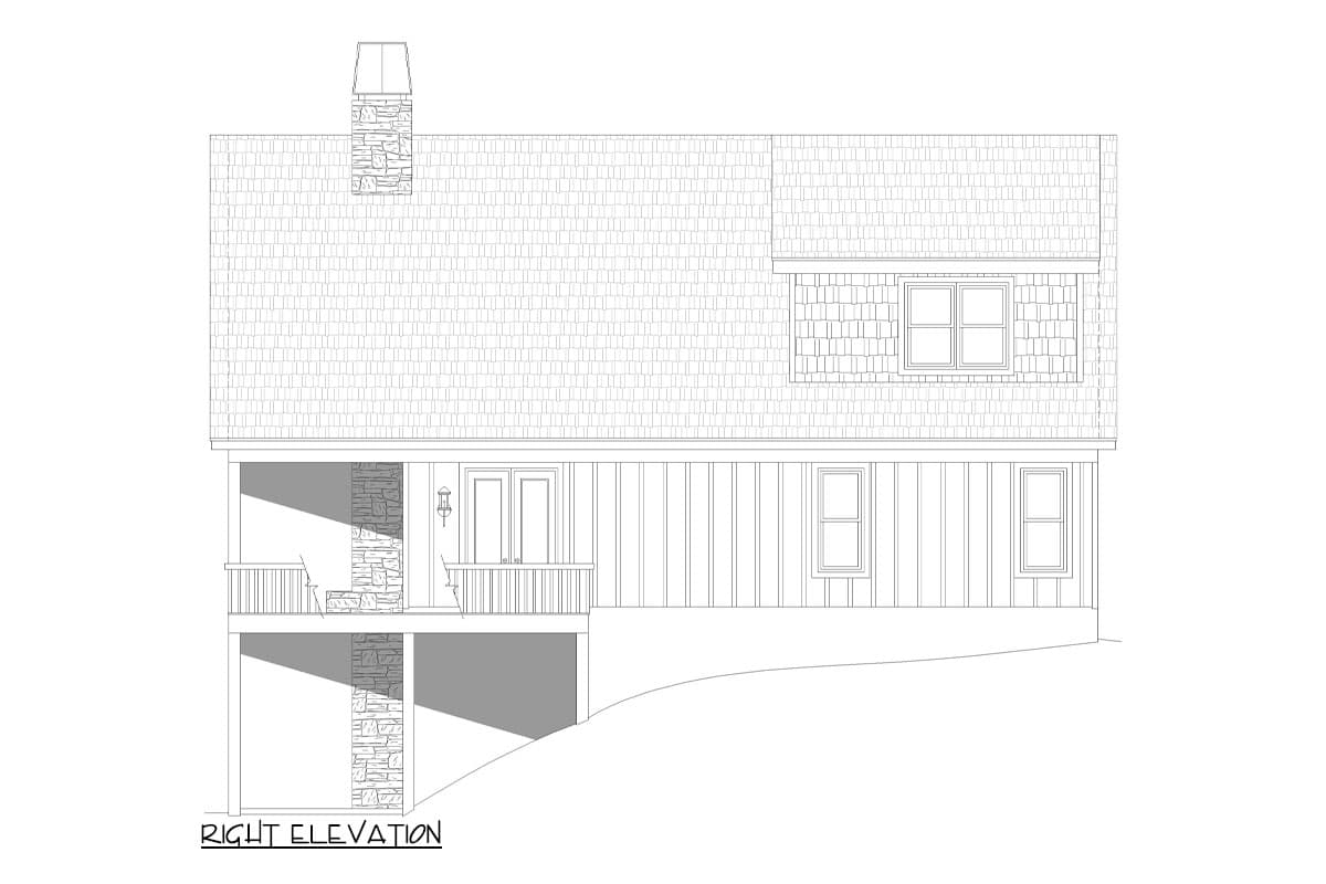 Right elevation house plan shows a gambrel roofline, stone chimney, upper dormer, and a covered porch with stone accents.