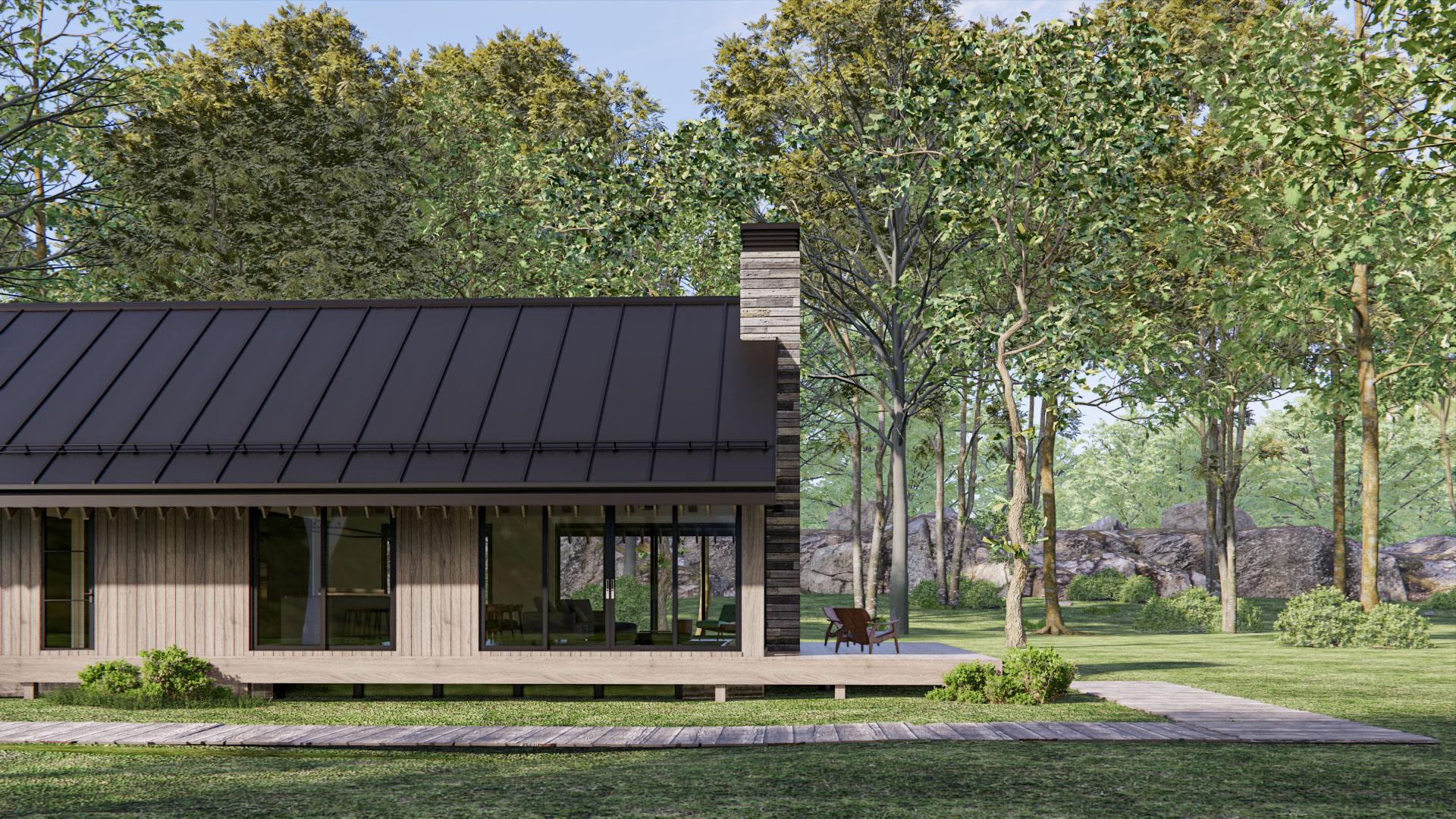 Modern house plan exterior with dark metal roof, wood siding, large windows, and stone chimney.