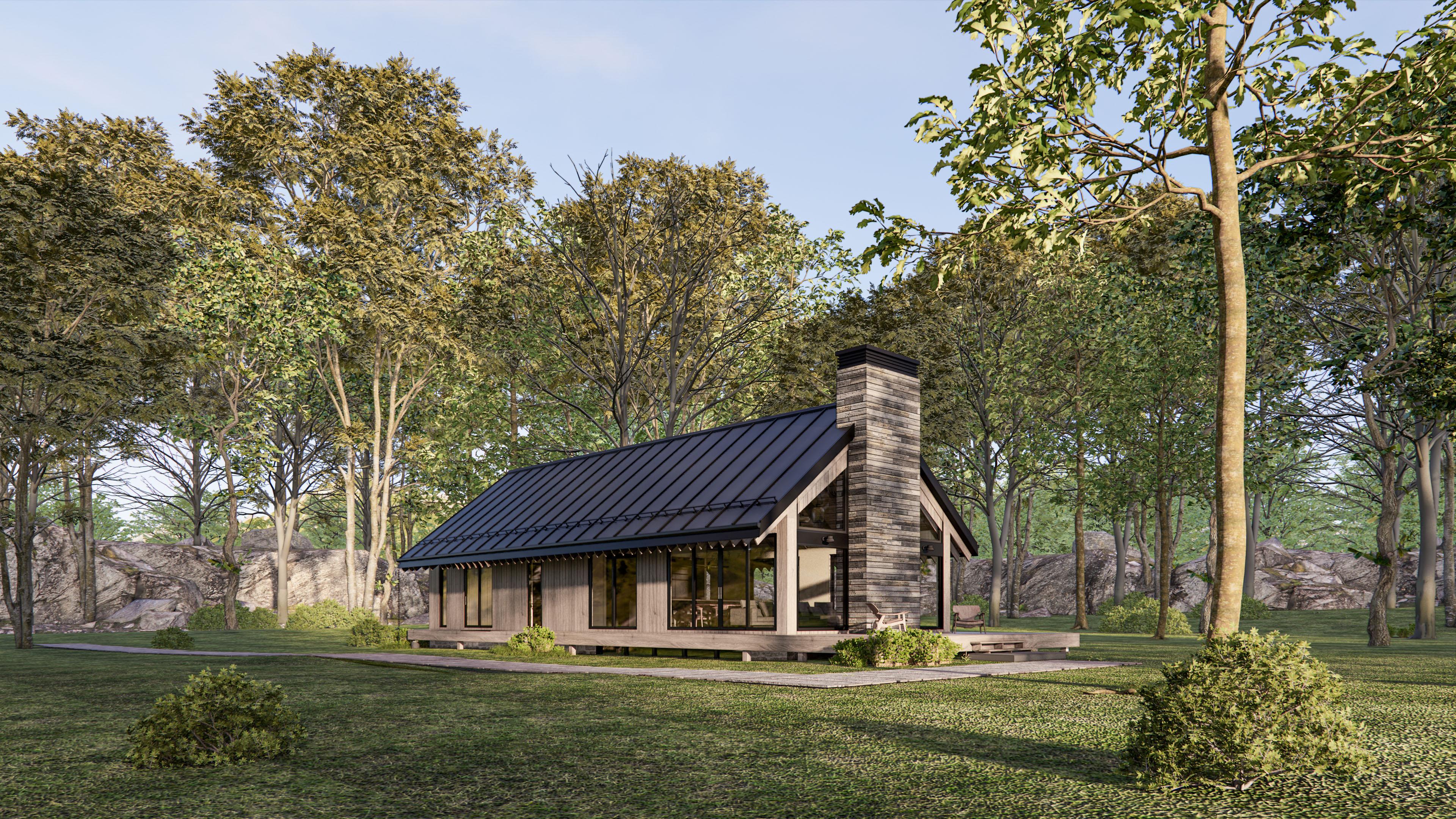 Modern house plan exterior with large windows, gabled roof, and stone chimney.