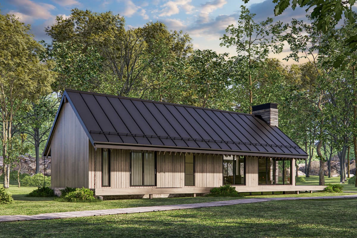 House plan exterior. One-story structure with a shed roof, a covered porch, and a stone chimney. Wood siding and large windows are visible.