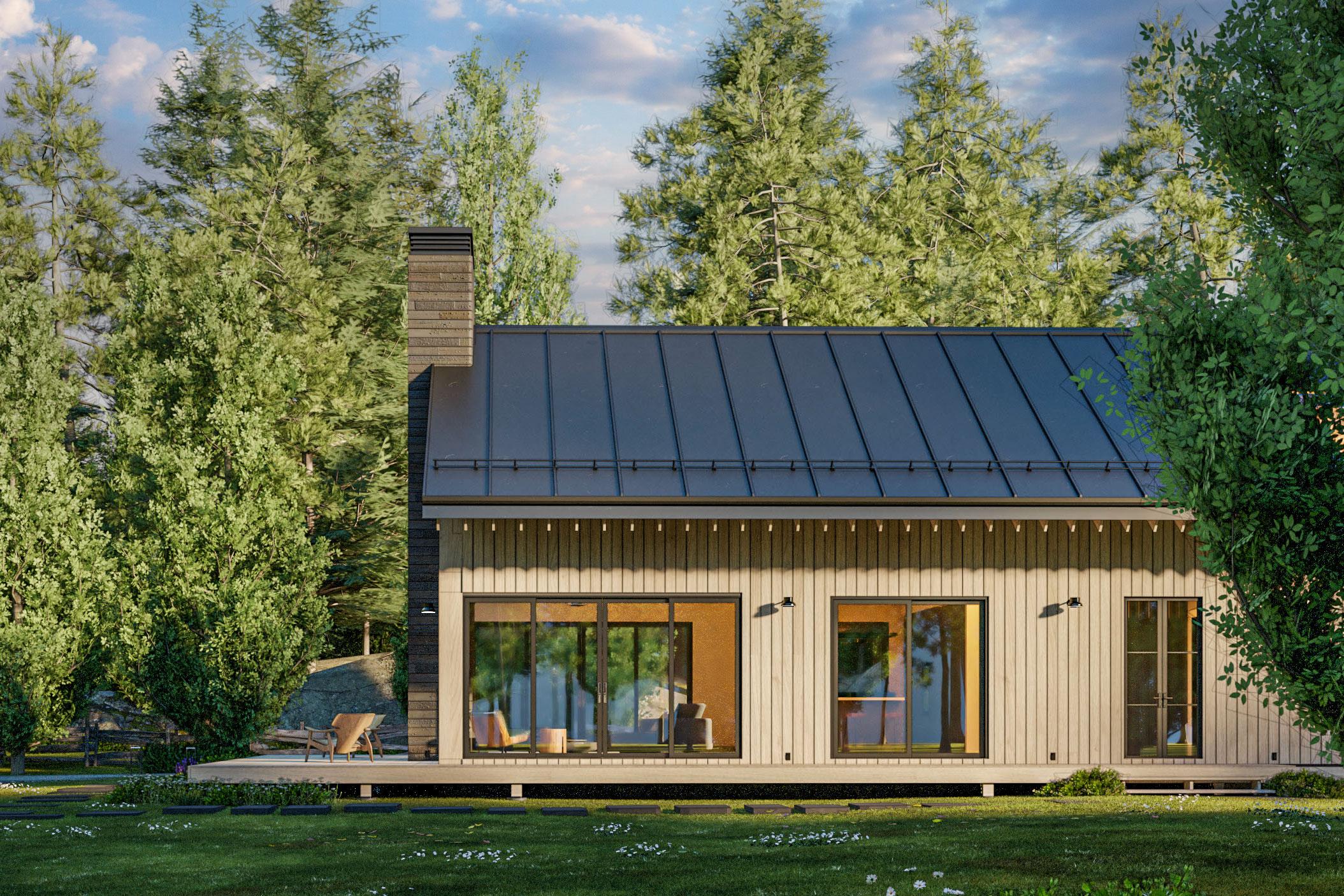 Modern house plan exterior with vertical siding, standing seam metal roof, large glass doors, and wood deck.