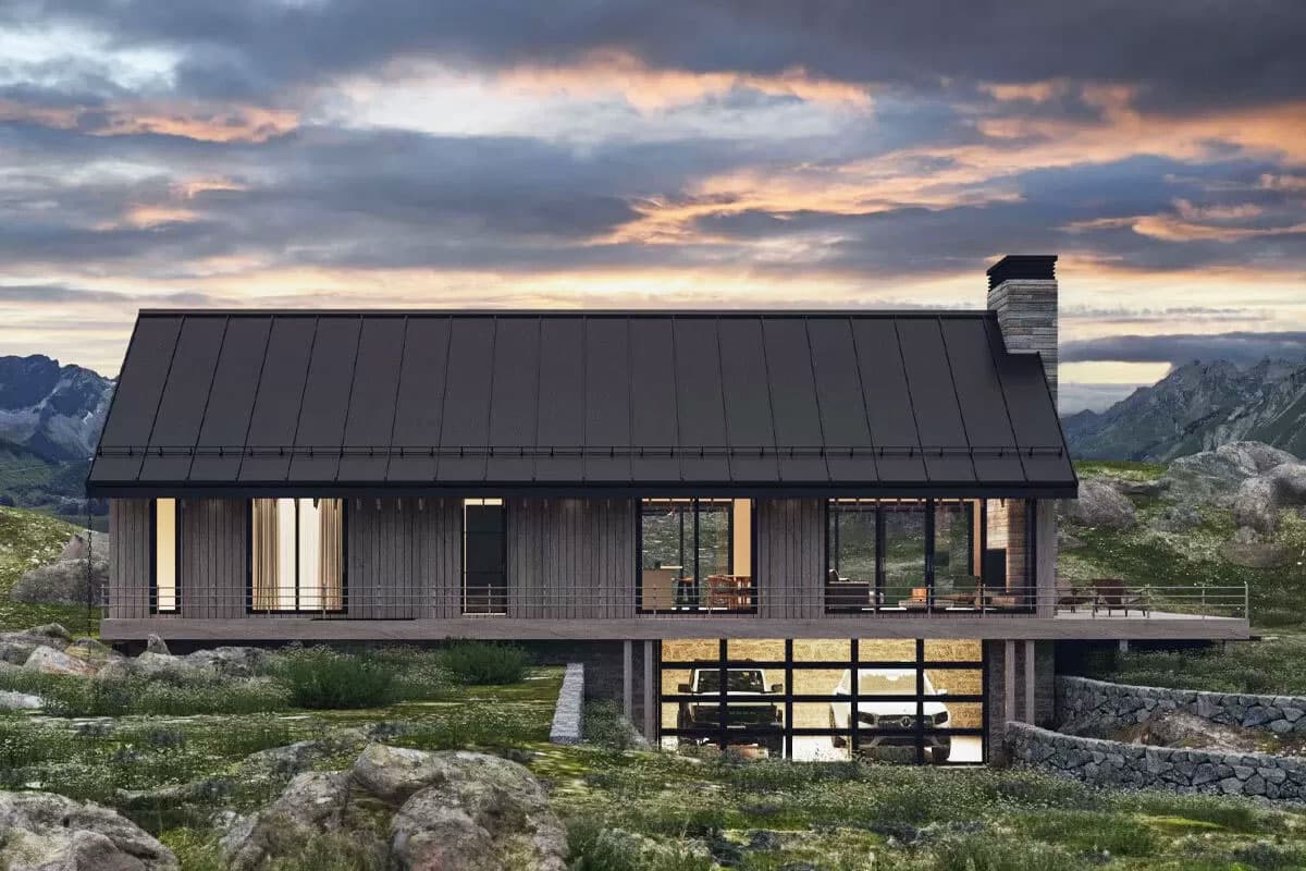 Modern house plan exterior with metal roof, wood siding, large windows, and a lower-level garage.