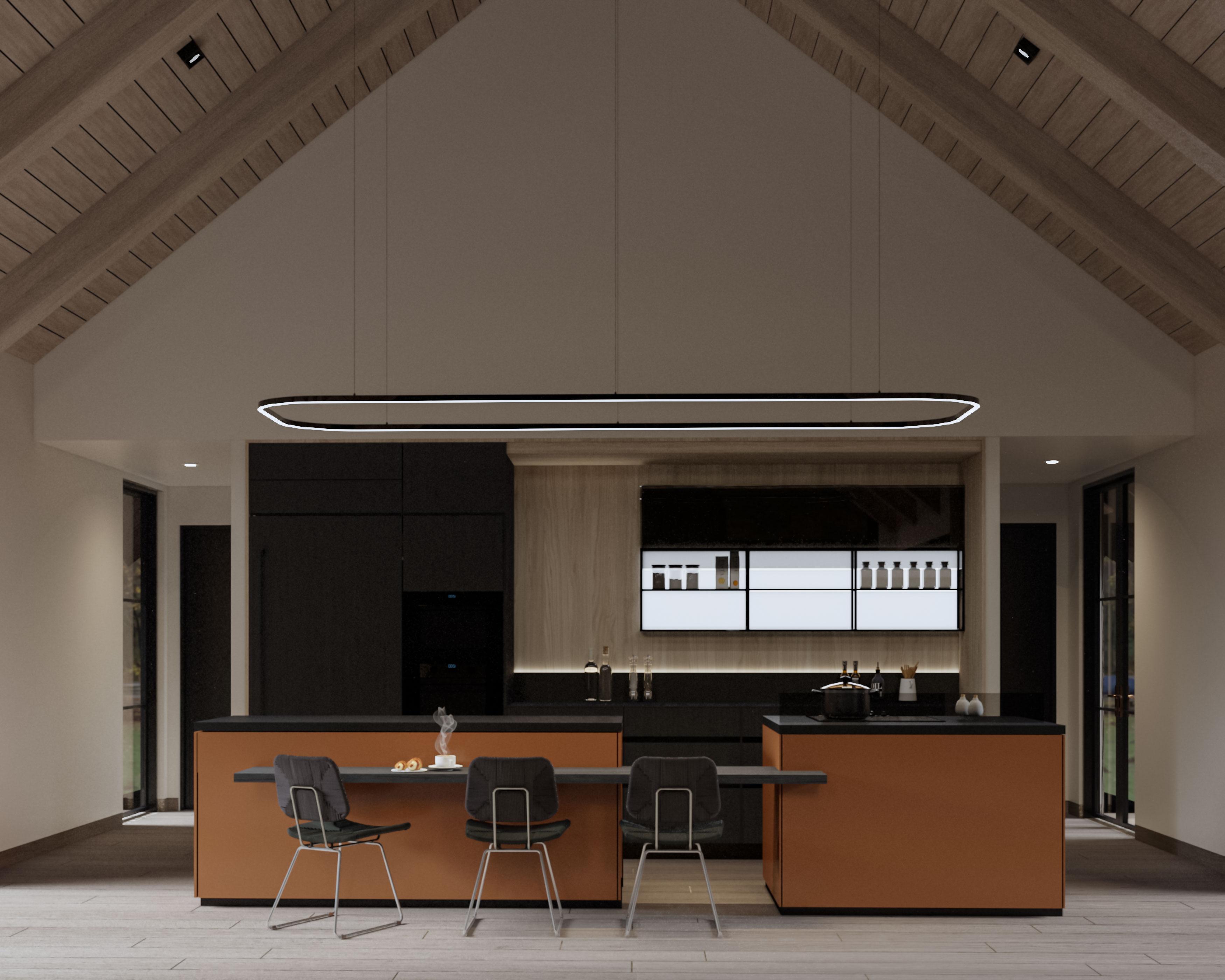 Modern kitchen with large island, dark cabinets, wood ceiling beams, and pendant lighting.