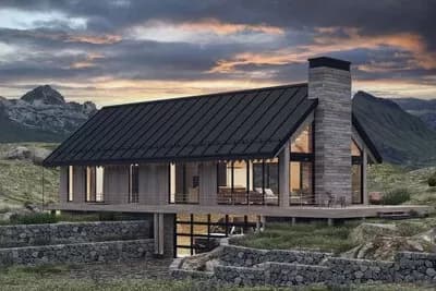 4 Bed Cabin Home Plan with Two Island Kitchen and Drive Under Garage - 2293 Sq Ft