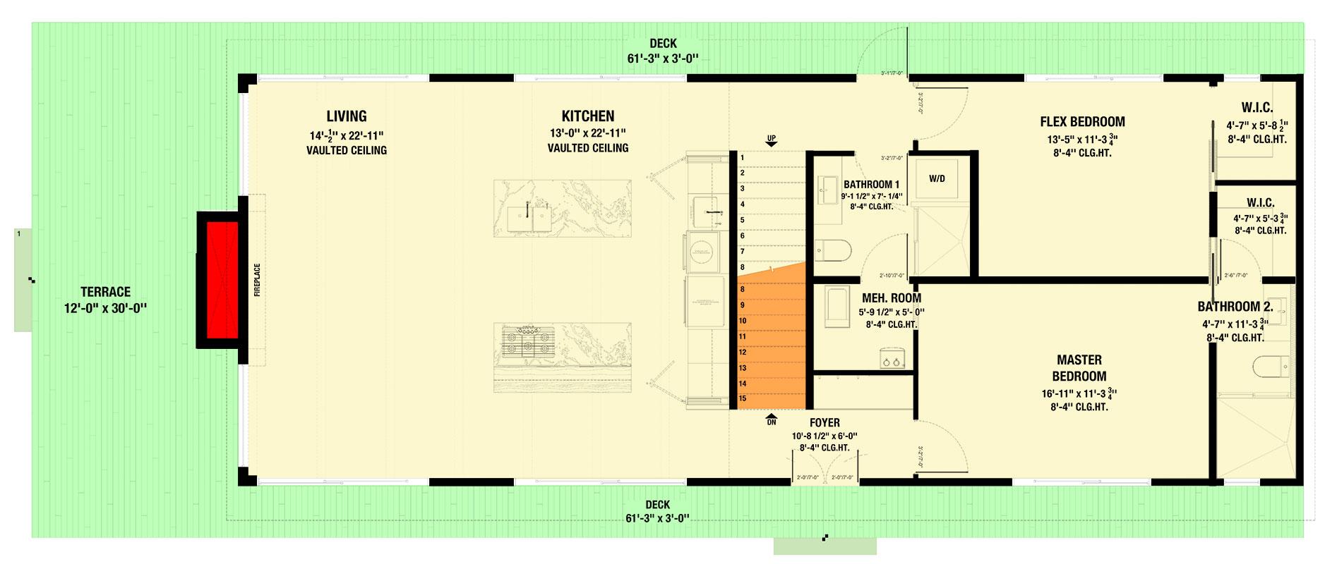 Plan 311058RMZ: 2 Story Cabin Home Plan with Wrap Around Porch and Drive Under Garage - 2290 Sq Ft - Floor Plan - Main Level - Cabin, Modern, Scandinavian