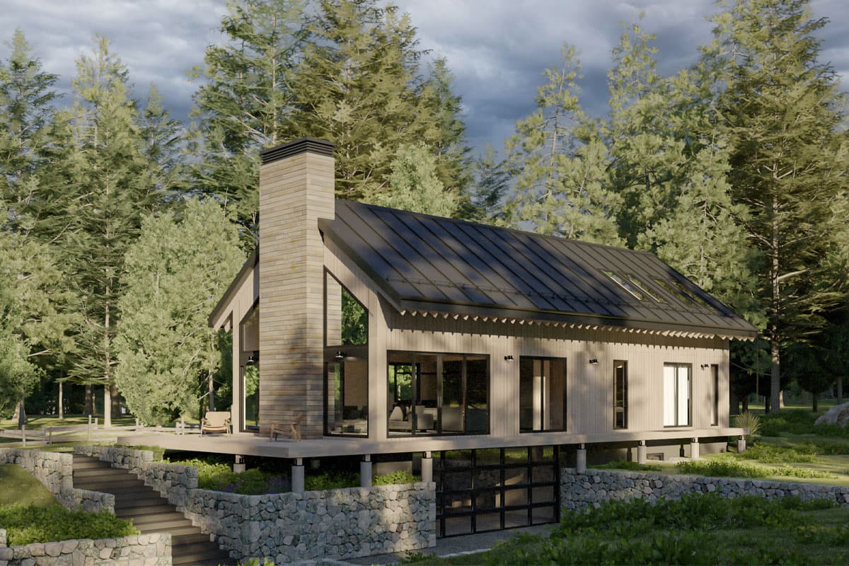 House plan exterior. Modern style with a single story. Features include a raised foundation, shed roof, large windows, and a chimney.