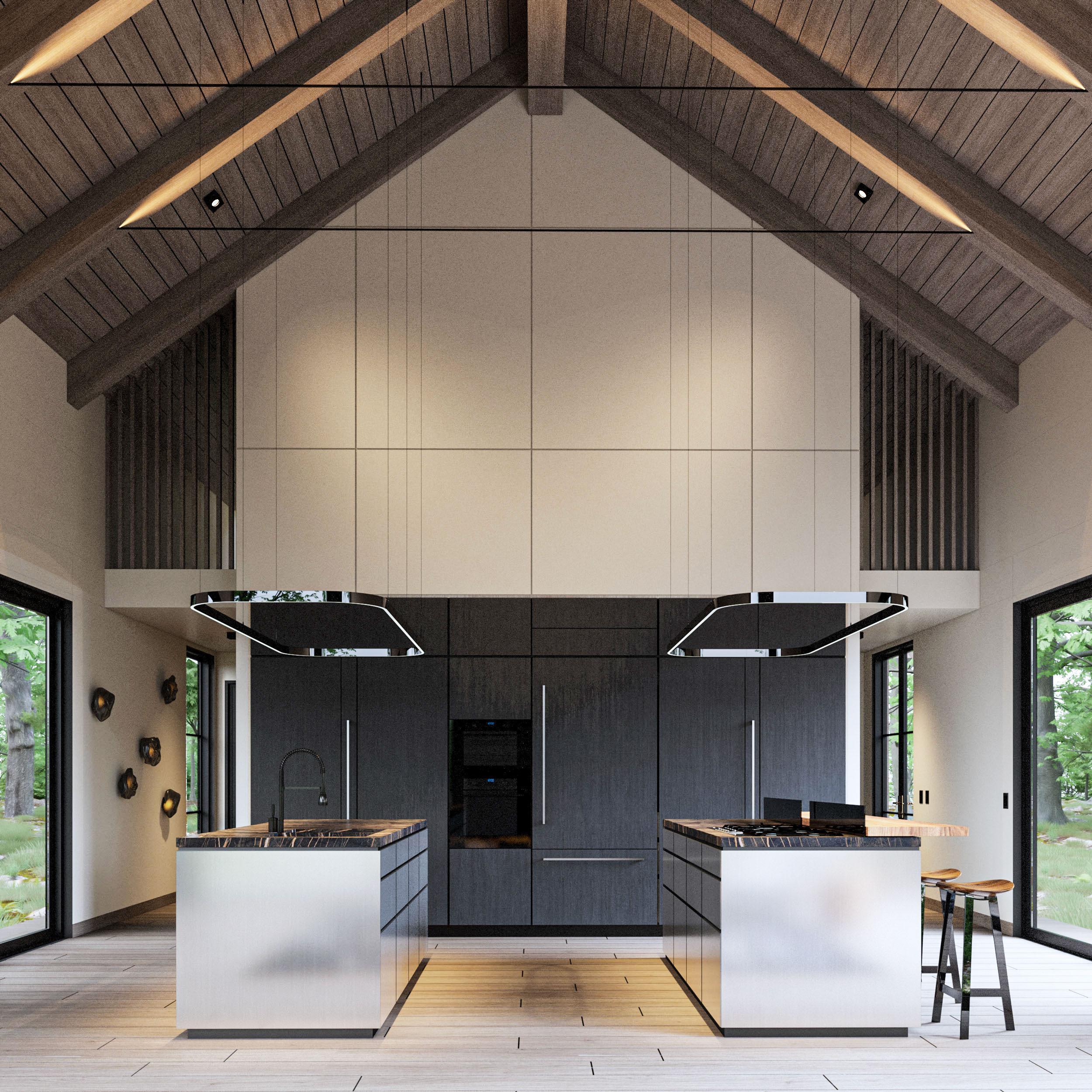 Interior rendering of a modern kitchen with two islands, vaulted wood beam ceiling, and large windows.