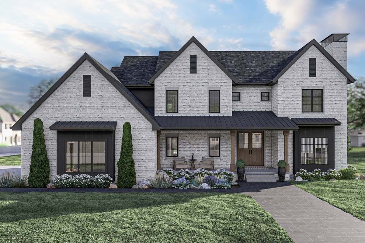 House plan exterior rendering. Two-story Modern Farmhouse with gabled roof, covered porch, and black-trimmed windows. Features include a brick facade.
