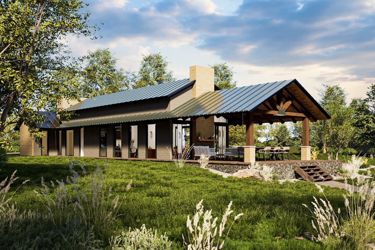 House plan exterior with a single story, metal roof, covered porch, and a stone chimney. Features include extensive glazing and timber supports.