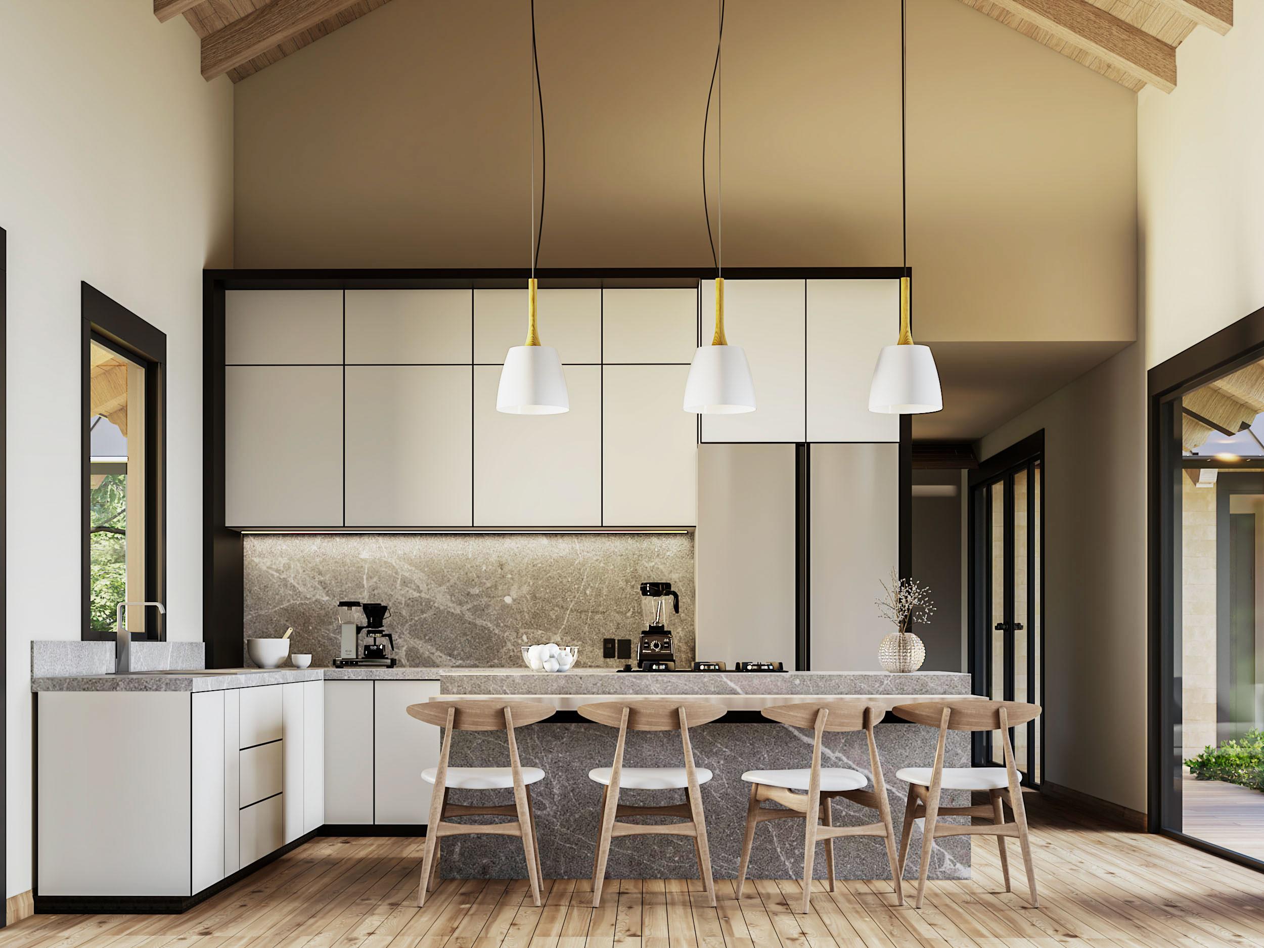 Modern kitchen with vaulted wood beam ceiling, marble island with seating, and sleek white cabinetry.