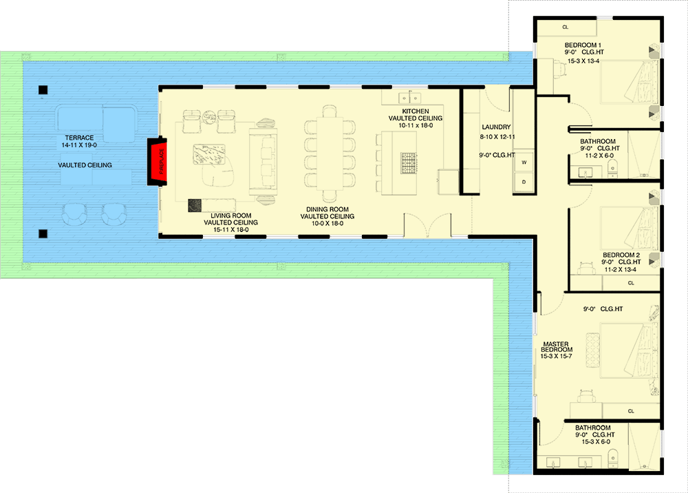 Plan 311060RMZ: 3-Bed Cabin Home Plan with Vaulted Great Room and Wrap Around Porch - 1811 Sq Ft - Floor Plan - Main Level - Cabin, Contemporary, Mountain, Rustic