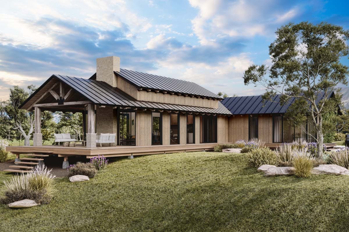 House plan exterior. One-story structure with a metal roof, front porch, and exposed timber beams. Features a stone chimney.