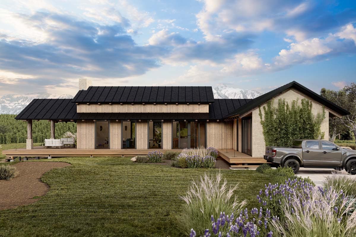 House plan exterior with wood siding, stone accent, wide porch, and dark metal rooflines.