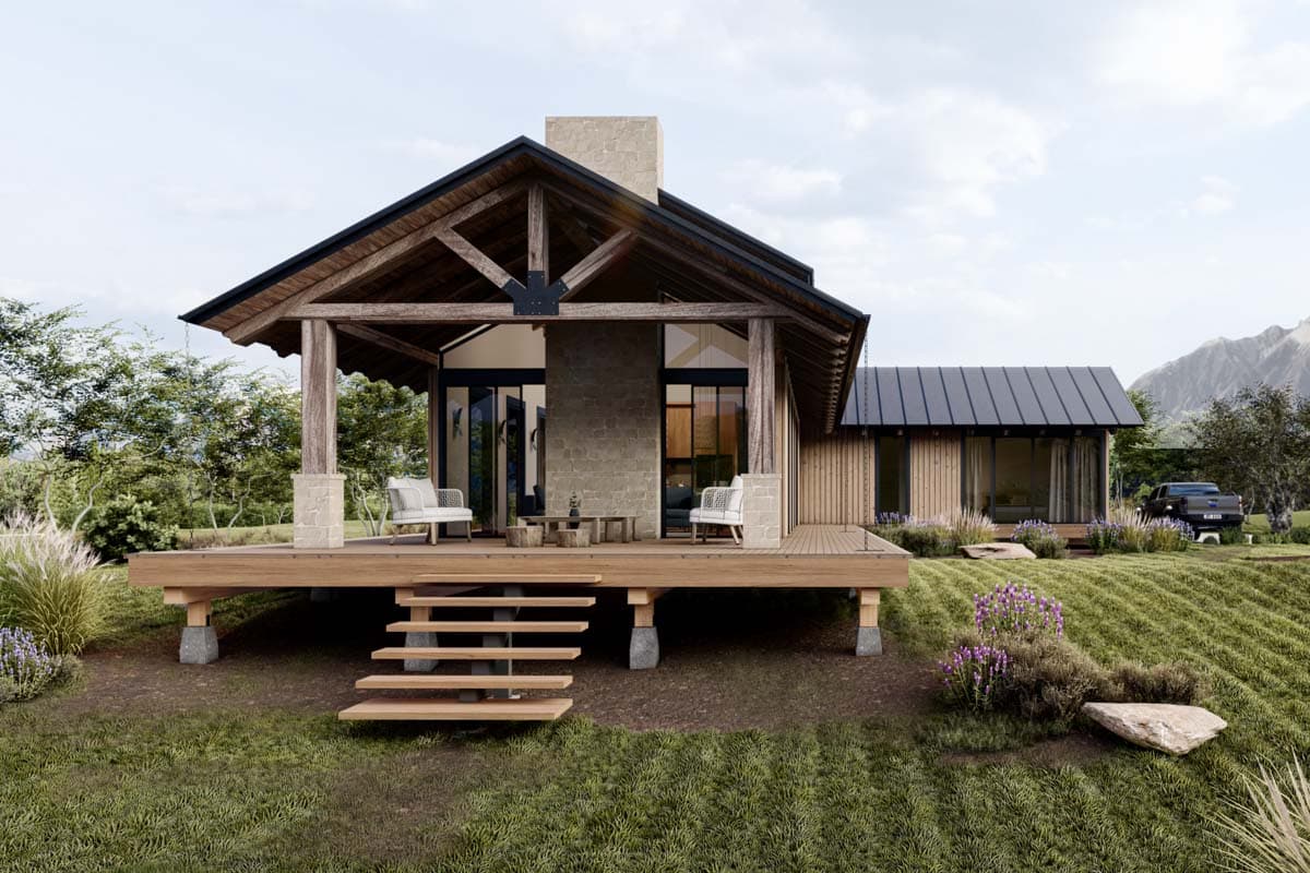 House plan exterior: one-story modern home with exposed wood beams, stone chimney, covered deck, and metal roof.