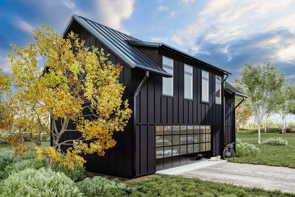 House plan exterior. Modern style with a single gable, black siding, and a large, multi-pane window in the garage.