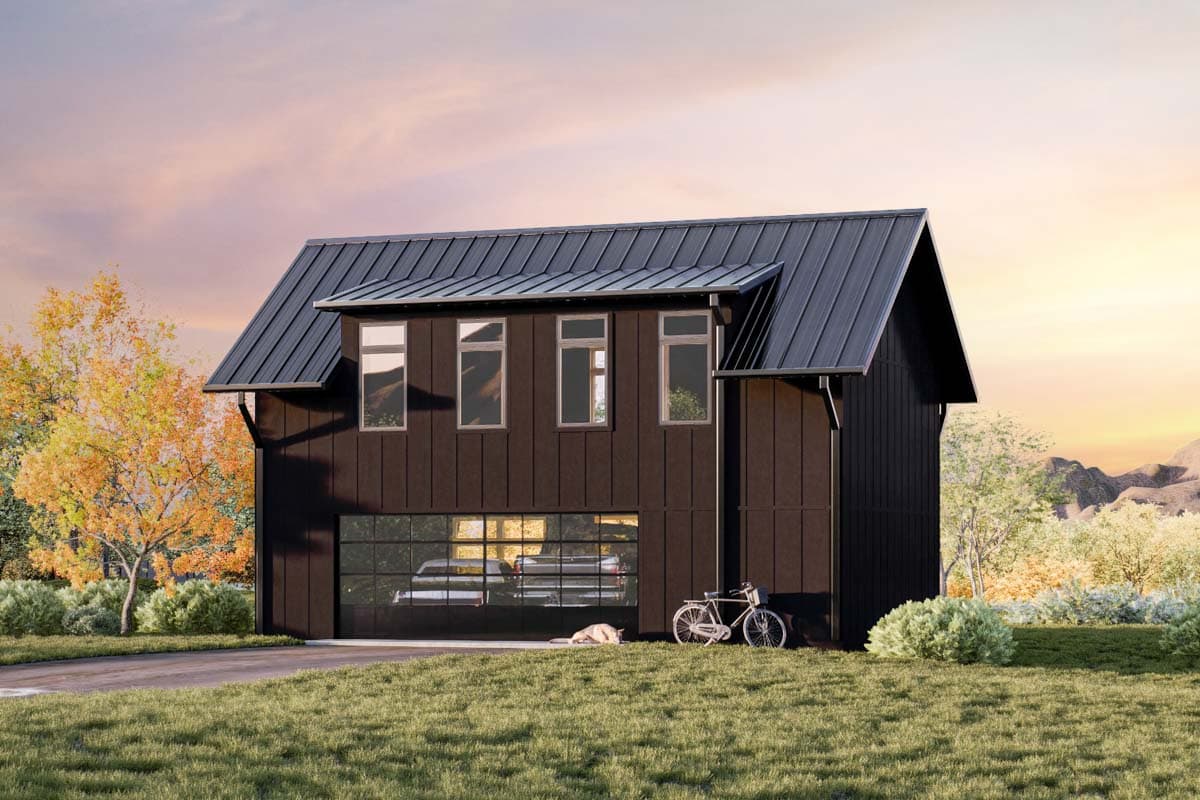 Modern house plan exterior with dark vertical siding, metal roof, upper story windows, and glass garage door.