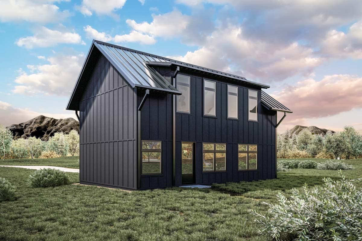 Modern two-story house plan with dark vertical siding, metal roof, and multiple large windows.