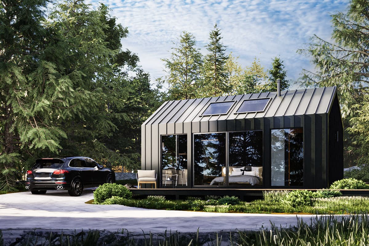 House plan exterior with modern style, one story, and a metal gable roof. Features include a deck, large windows, and skylights.