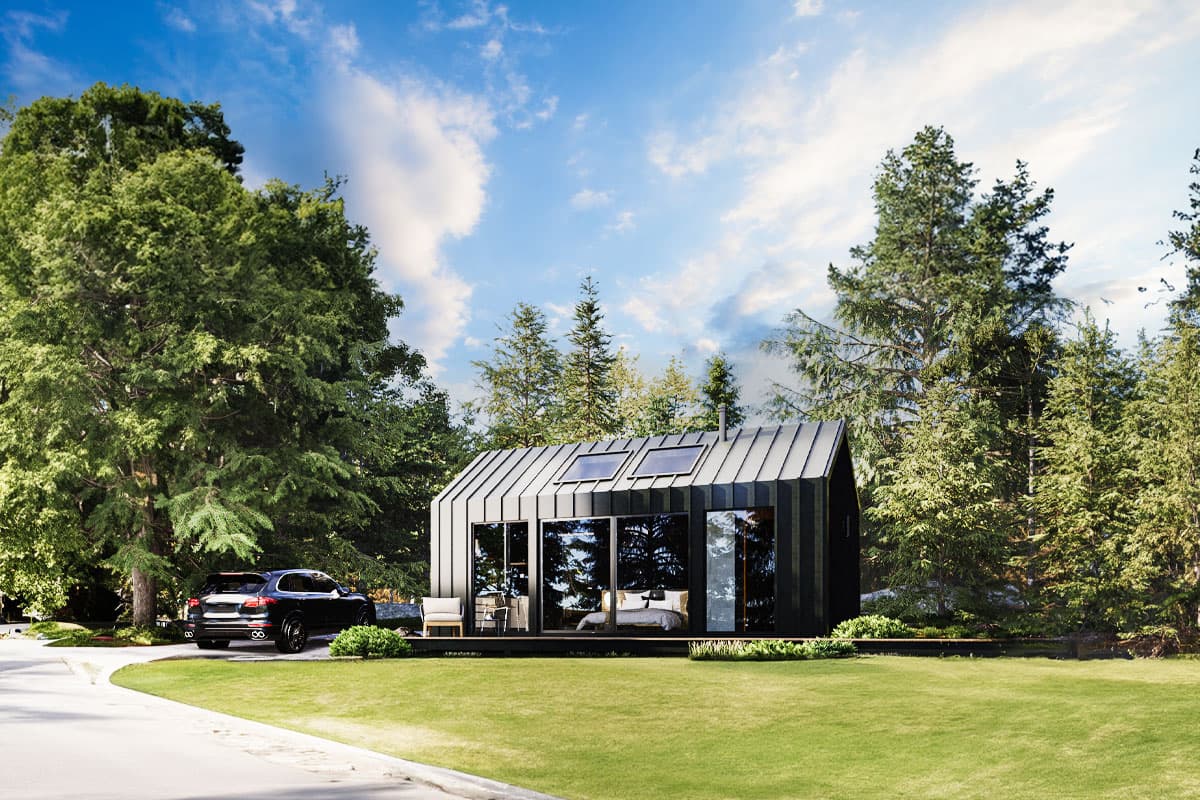 Modern house plan exterior with standing seam metal roof, large windows, and two skylights.