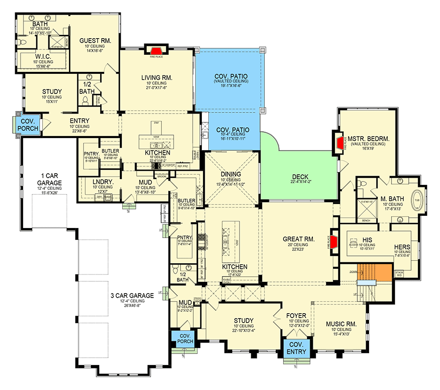 Plan 290180IY: 5-Bed Southern Traditional Home Plan with Two Story Great Room and Oversized Apartment- 7644 Sq Ft - Floor Plan - Main Level - Country, New American, Southern, Southern Traditional, Traditional