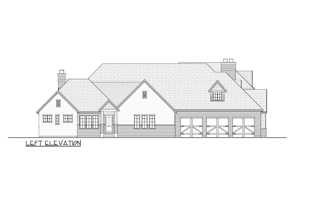 Left elevation of a house plan showing a prominent gable, dormer, chimney, and a four-car garage.