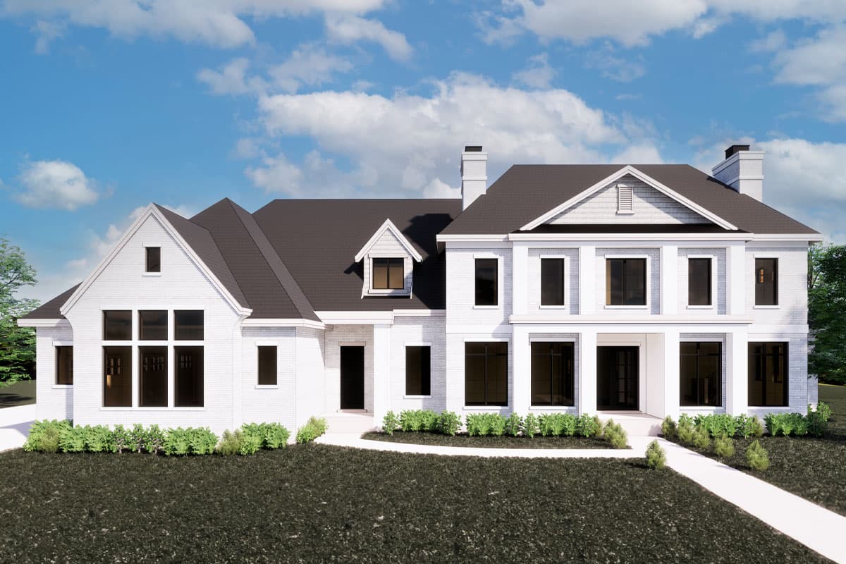 House plan exterior with two stories. Features include gables, dormers, and a covered front porch. White brick facade and dark roof.