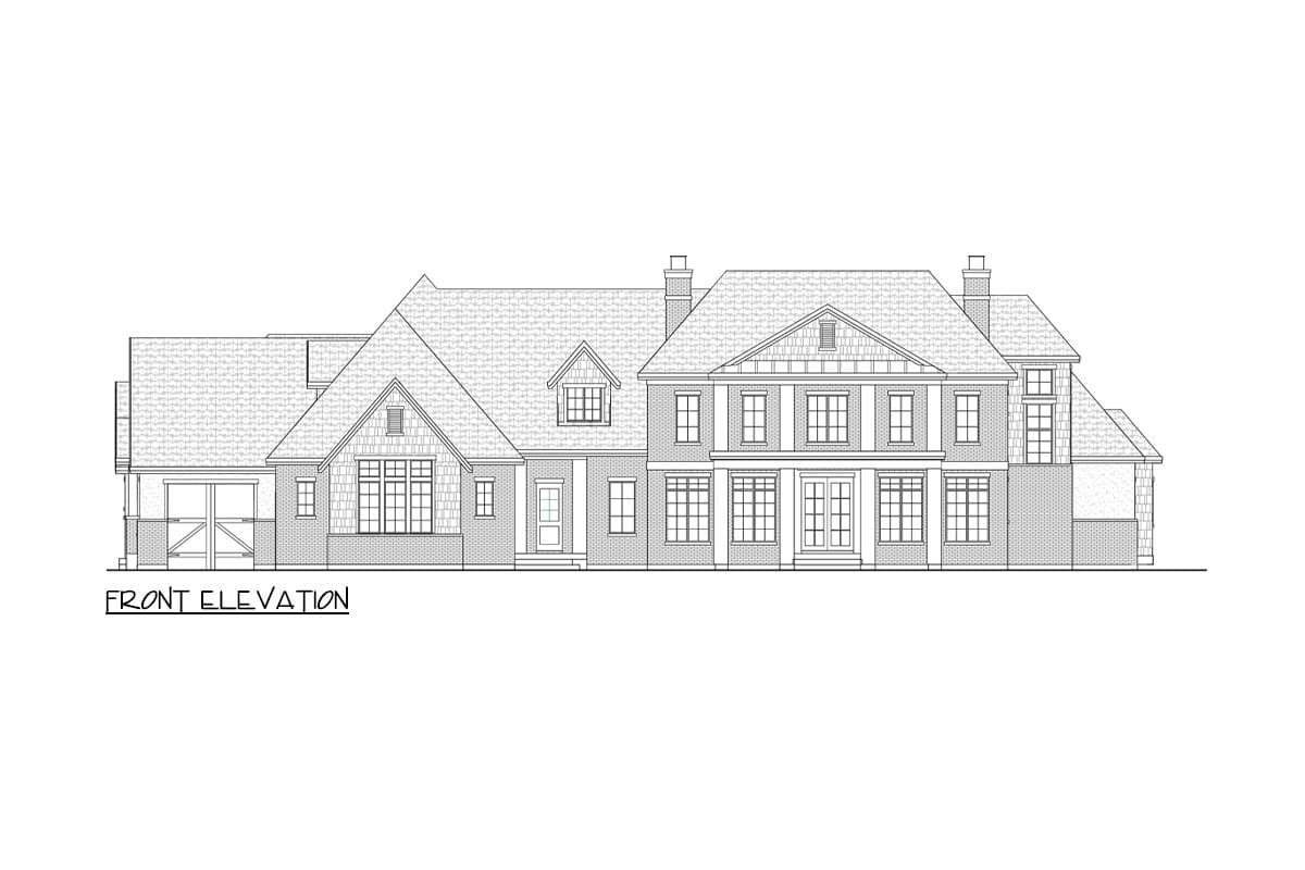 Front elevation drawing of a large house plan featuring multiple gables, dormers, a front entry porch, and an attached garage.