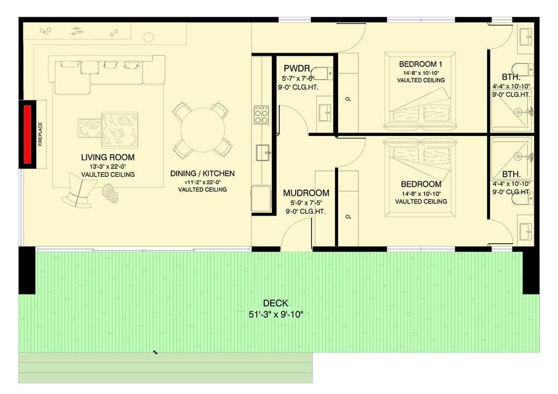 Plan 311063RMZ: 2-Bed Mountain Cabin with Open Outdoor Deck and Great Room - 1182 Sq Ft - Floor Plan - Main Level - Cabin, Contemporary, Modern, Mountain, Vacation