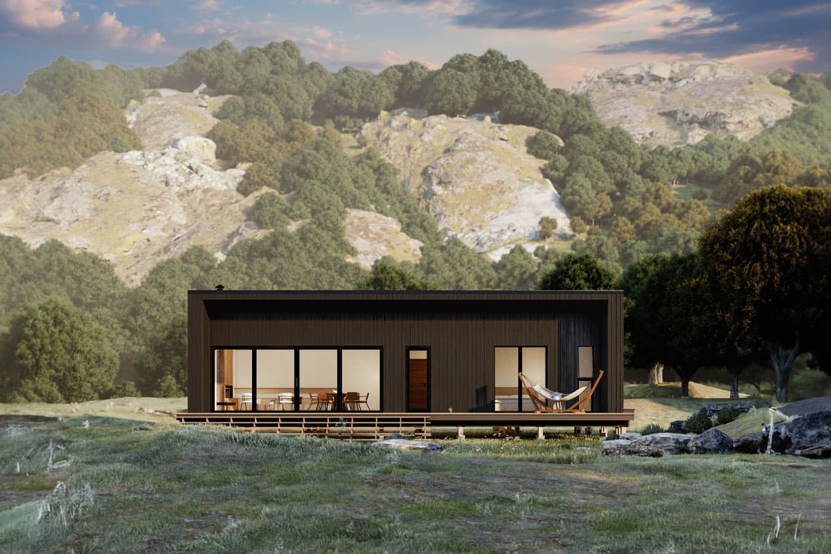Modern single-story house plan exterior with dark wood siding, large glass walls, and a wrap-around deck.
