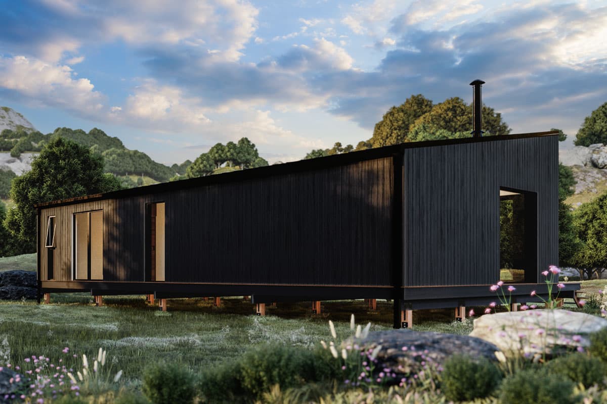 Modern house plan exterior with dark wood siding, a shed roof, chimney, and elevated foundation.