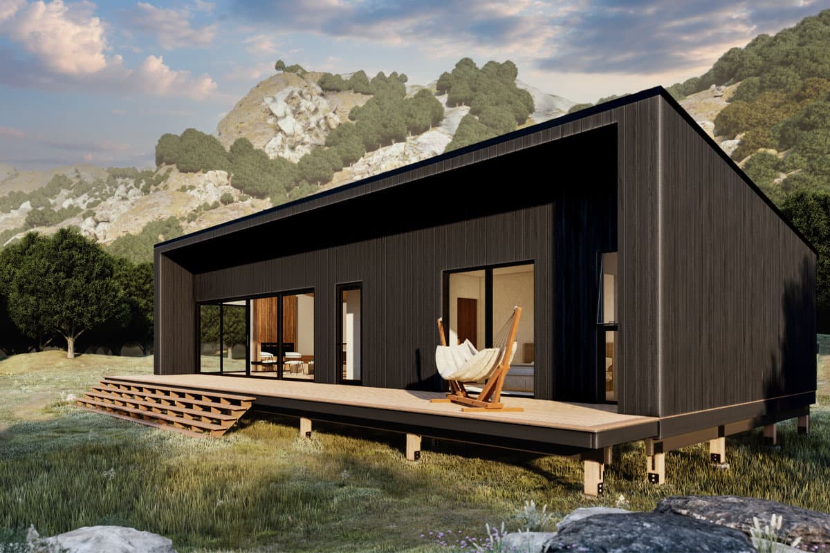 Modern house plan exterior with dark wood siding, asymmetrical roof, expansive deck, and large glass doors.