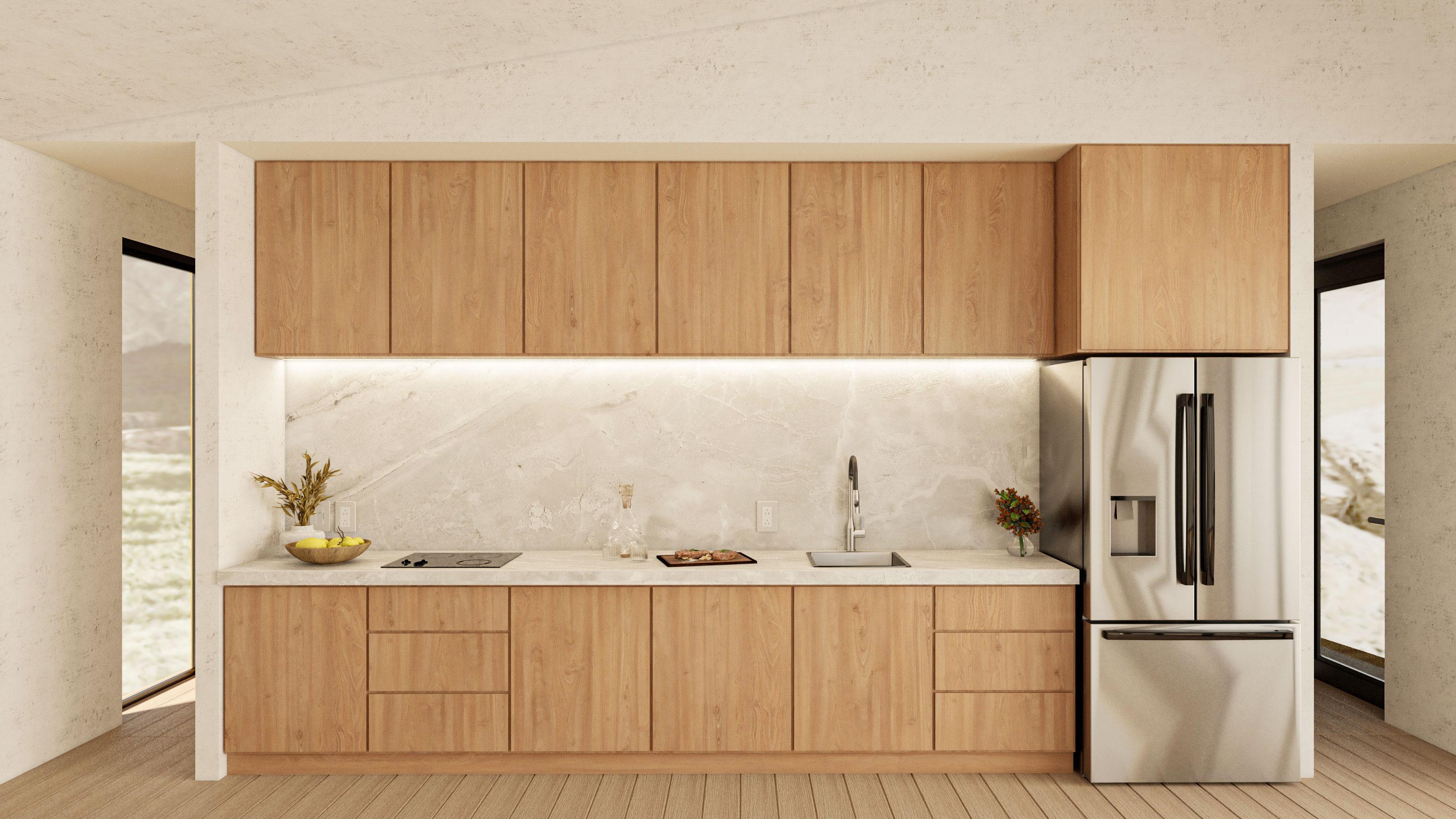 Kitchen with light wood cabinets, stainless steel refrigerator, marble backsplash, and sink.